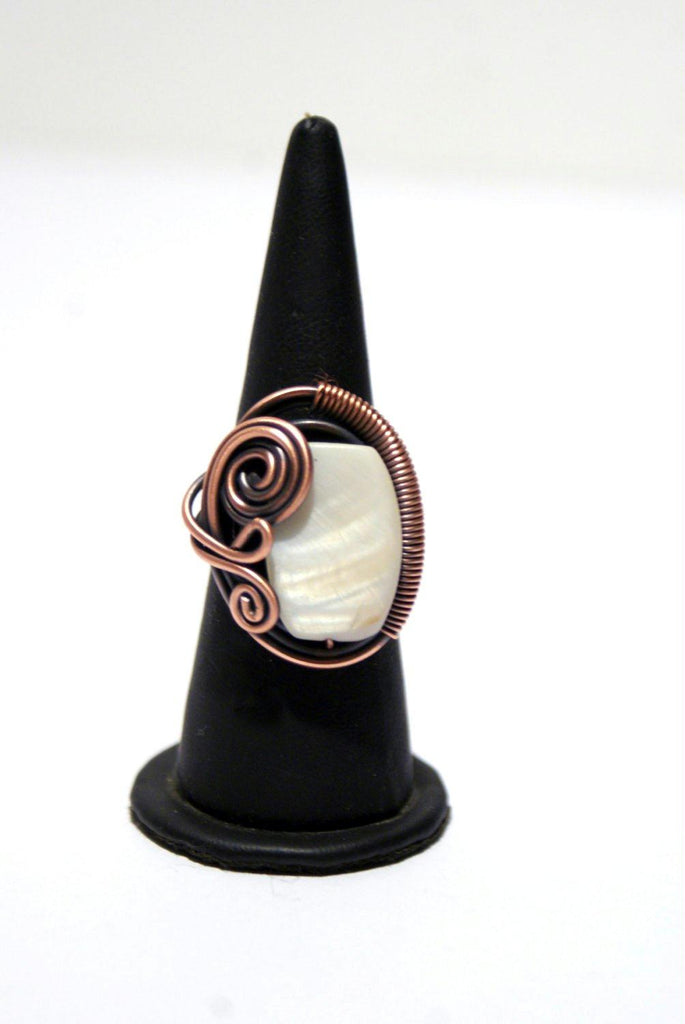 Handmade Mother of pearl wire wrapped copper ring