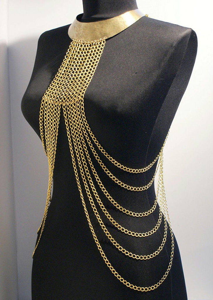 Handmade body chain necklace, gold plated body jewelry