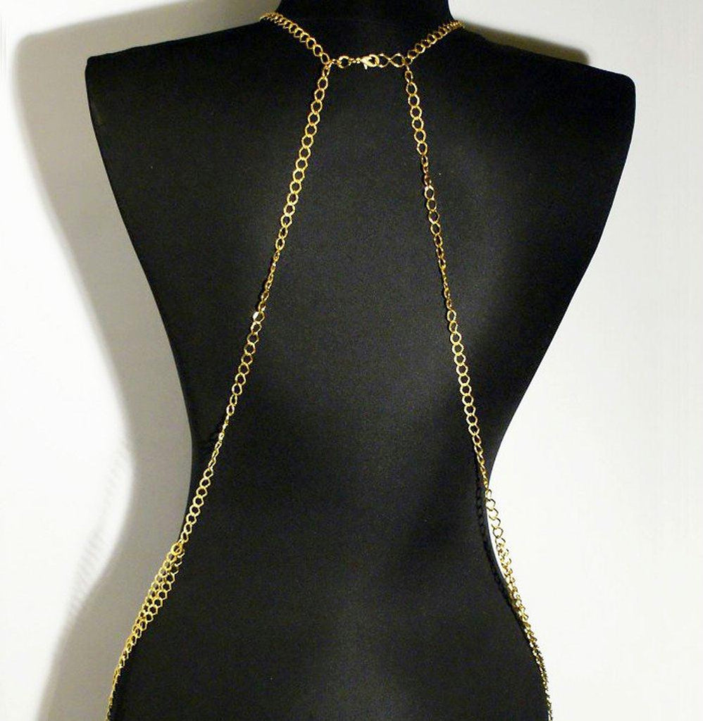 Handmade body chain necklace, gold plated body jewelry