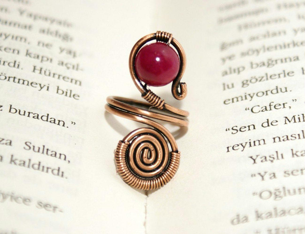 Handmade jade stone copper wire wrapped ring
