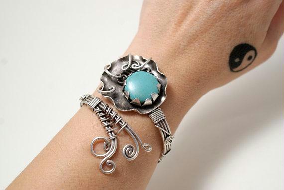 Handmade turquoise gemstone wire wrapped cuff bracelet