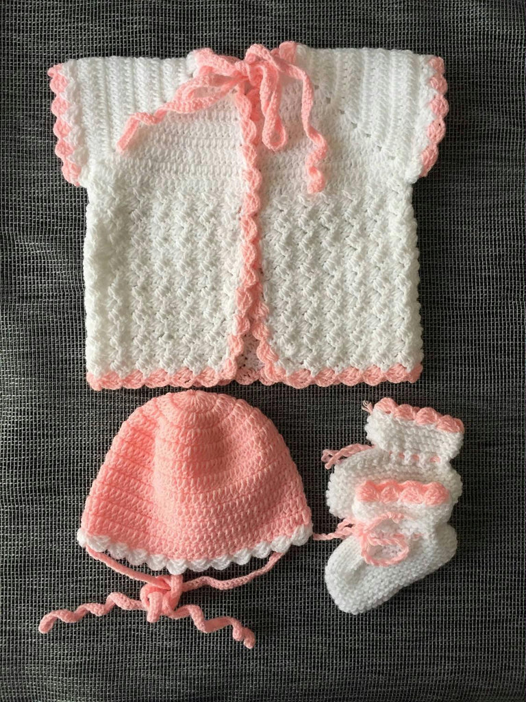 Handmade Baby outfit, White and pink baby cardigan hat & booties