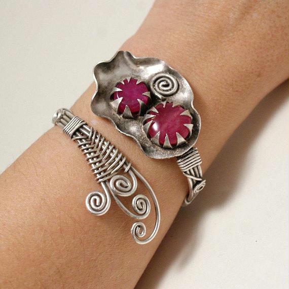 Handmade wire wrapped ruby cuff bracelet