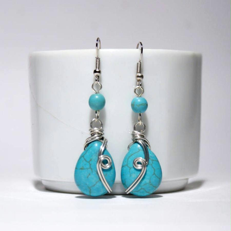 Handmade Turquoise dangle drop wire wrap earrings