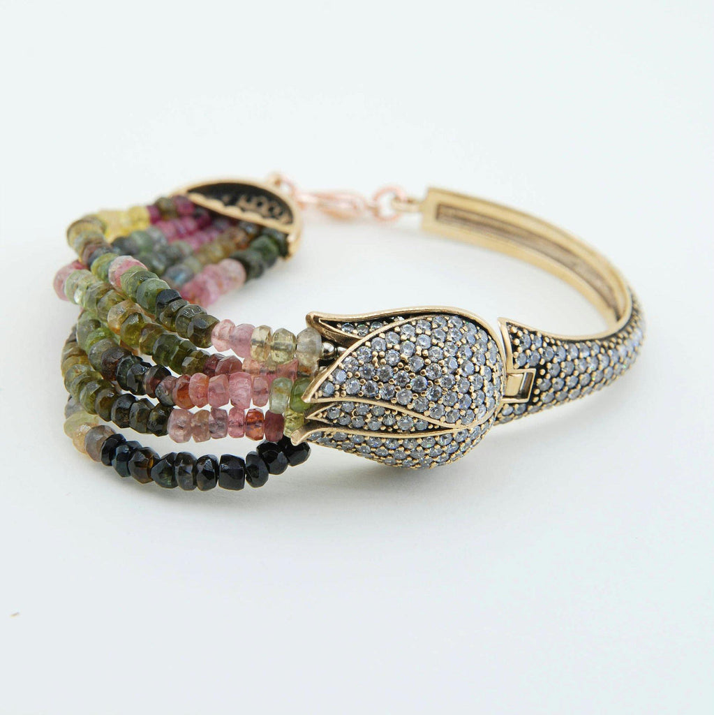 Handmade Tourmaline Gemstone Tulip Bracelet, Cubic Zircon