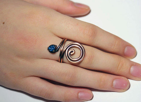 Handmade navy blue crystal copper wire wrapped ring