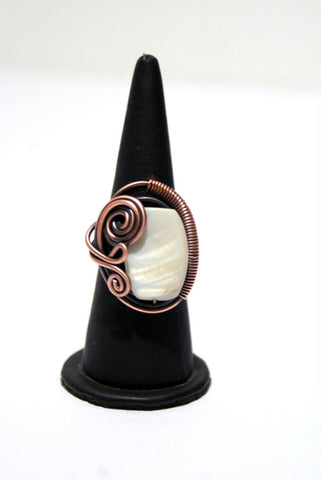 Handmade Mother of pearl wire wrapped copper ring