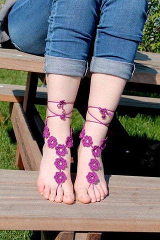 Handmade knit floral barefoot sandals, crochet sandals