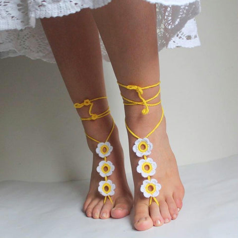 Handmade knit floral barefoot sandals, crochet sandals