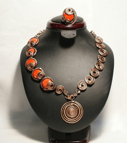 Handmade wire wrapped red jewelry set
