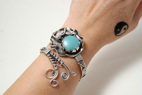 Handmade turquoise gemstone wire wrapped cuff bracelet