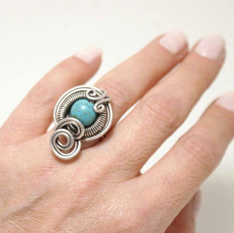 Handmade silver plated wire wrapped Turquoise Ring