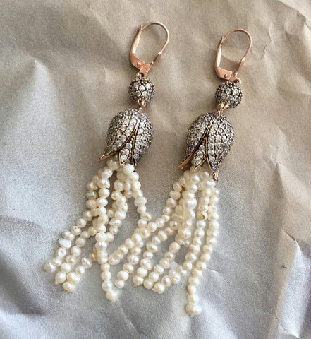 Handmade Pearl Tulip Tassel Dangle Earrings