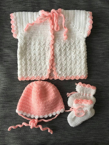 Handmade Baby outfit, White and pink baby cardigan hat & booties