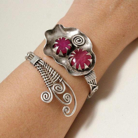 Handmade wire wrapped ruby cuff bracelet
