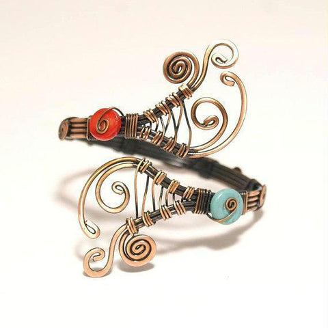 Handmade Turquoise and Red Copper Wire Wrap Bracelet