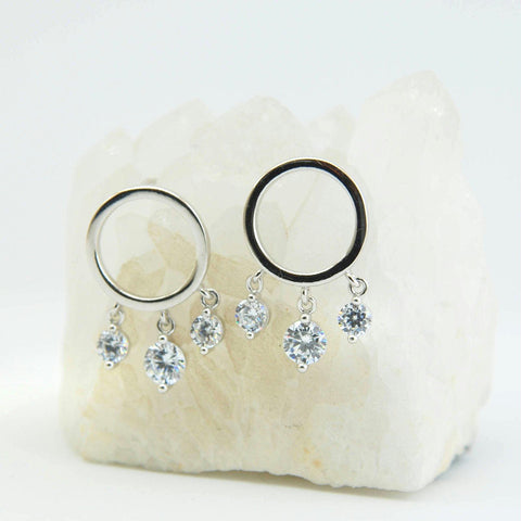 Handmade Huggie Hoops Earrings, Cubic Zirconia Disc Charm