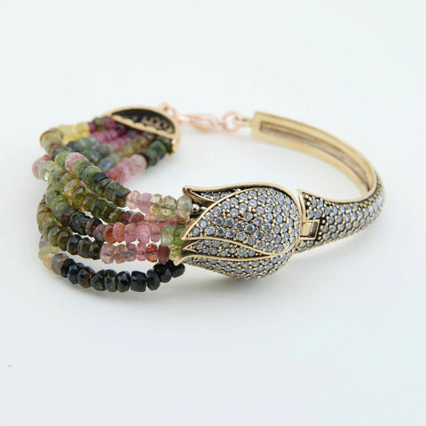 Handmade Tourmaline Gemstone Tulip Bracelet, Cubic Zircon