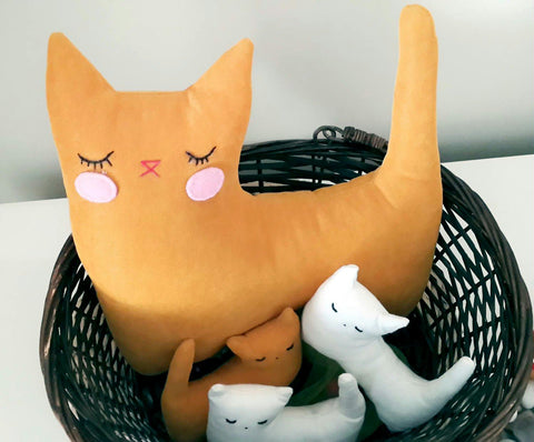 Handmade Plush Animal Doll nursery decor pillow, Cat Family